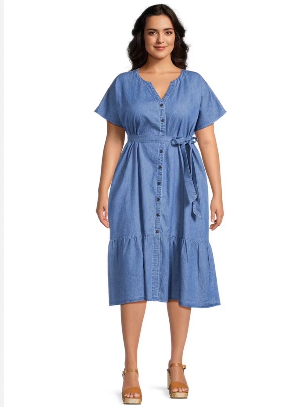 Terra & Sky  Women's Plus Size
Midi Shirt Dress with Ruffle Hem